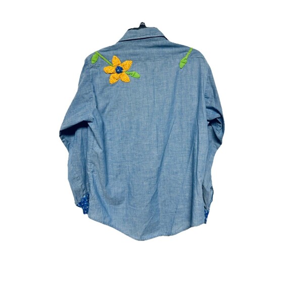 VTG 1970's Chambray Button Up Shirt Puffed Quilted Flowers Stems & Leaves M ? - Picture 9 of 10